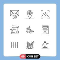 Group of 9 Modern Outlines Set for fruit banana focus service maintenance Editable Vector Design Elements