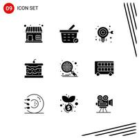 9 Thematic Vector Solid Glyphs and Editable Symbols of search database target food bread Editable Vector Design Elements