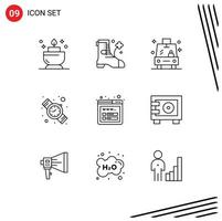 Group of 9 Outlines Signs and Symbols for money wireframe vehicle seo watch Editable Vector Design Elements