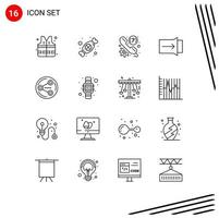 Group of 16 Outlines Signs and Symbols for social share faq touch gesture Editable Vector Design Elements