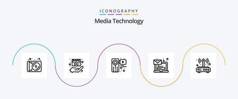 medios de comunicación tecnología línea 5 5 icono paquete incluso mensaje. correo electrónico. película. computadora. grabadora vector