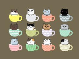 lindo gato en juego de caracteres de dibujos animados de taza de té vector