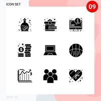 Editable Vector Line Pack of 9 Simple Solid Glyphs of gadget computers faq management coins Editable Vector Design Elements