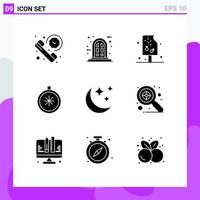 Group of 9 Modern Solid Glyphs Set for moon open ice navigation compass Editable Vector Design Elements