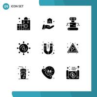 Modern Set of 9 Solid Glyphs and symbols such as science attraction robot seo media Editable Vector Design Elements