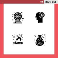 4 User Interface Solid Glyph Pack of modern Signs and Symbols of wheel fire play money bag Editable Vector Design Elements