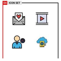 Pack of 4 Modern Filledline Flat Colors Signs and Symbols for Web Print Media such as heart production mail cinema heart Editable Vector Design Elements