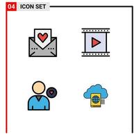 Pack of 4 Modern Filledline Flat Colors Signs and Symbols for Web Print Media such as heart production mail cinema heart Editable Vector Design Elements