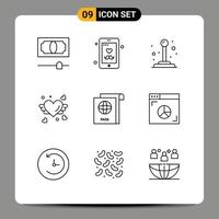 Group of 9 Modern Outlines Set for browser passport joystick document heart Editable Vector Design Elements