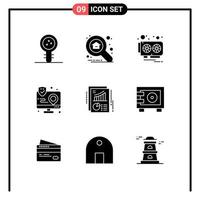 Universal Icon Symbols Group of 9 Modern Solid Glyphs of map interaction explore app video card Editable Vector Design Elements