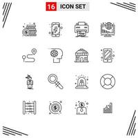 Pack of 16 Modern Outlines Signs and Symbols for Web Print Media such as coins online smart phone investment hardware Editable Vector Design Elements