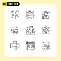 Set of 9 Vector Outlines on Grid for flask environment fire destruction damage Editable Vector Design Elements