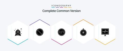 Complete Common Version 25 Glyph icon pack including heartbeat. navigation. code. direction. web vector