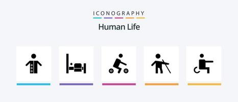 Human Glyph 5 Icon Pack Including handicapped. stick. bicycle. people. blind. Creative Icons Design vector