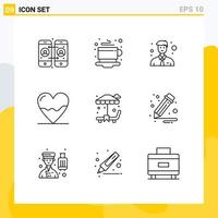 Modern Set of 9 Outlines and symbols such as garden sun bed man medicine cardiogram Editable Vector Design Elements