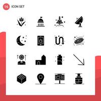 Mobile Interface Solid Glyph Set of 16 Pictograms of drink dish launch space antenna Editable Vector Design Elements