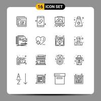 Pictogram Set of 16 Simple Outlines of company camping pills sun cream Editable Vector Design Elements