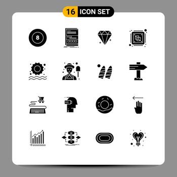Set of 16 Vector Solid Glyphs on Grid for beach processing diamond computer central Editable Vector Design Elements