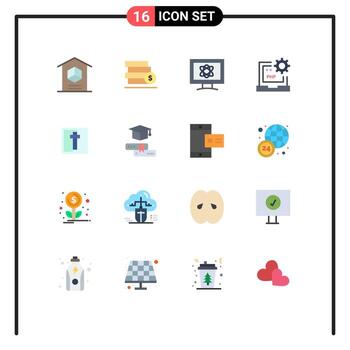 pictograma conjunto de dieciséis sencillo plano colores de ordenador portátil desarrollar salvar codificación espacio editable paquete de creativo vector diseño elementos