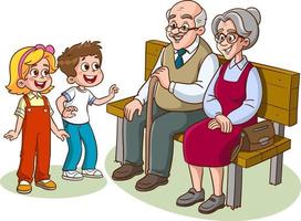 grandparent sitting on bench and grandchild cartoon vector