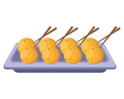 Fish balls with skewers in a rectangular plate. Street Asian food. Vector illustration.