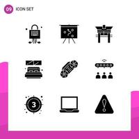 Pack of 9 Modern Solid Glyphs Signs and Symbols for Web Print Media such as technology radio bridge window hotel Editable Vector Design Elements