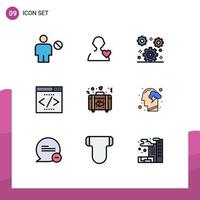 Mobile Interface Filledline Flat Color Set of 9 Pictograms of heart seo cog interface search engine engine Editable Vector Design Elements