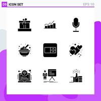 9 Universal Solid Glyphs Set for Web and Mobile Applications food bowl increase record mic Editable Vector Design Elements