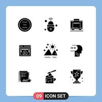 Modern Set of 9 Solid Glyphs Pictograph of video display secure page suitcase Editable Vector Design Elements