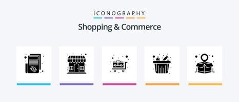 Shopping And Commerce Glyph 5 Icon Pack Including parcel destination. grocery. storehouse. grocery. food bucket. Creative Icons Design vector