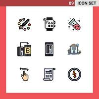 9 User Interface Filledline Flat Color Pack of modern Signs and Symbols of payment digital smartwatch currency atom Editable Vector Design Elements