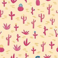 Seamless patterns with different cacti. Bright repeating texture with pink cacti. Background with desert plants. vector