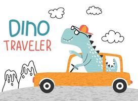 Ute dinosaurio con coche. gráficos de camisetas para niños ilustración vectorial. vector