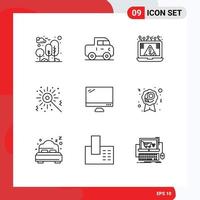 9 User Interface Outline Pack of modern Signs and Symbols of monitor birthday connection bengal fire security Editable Vector Design Elements