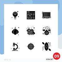 9 Universal Solid Glyphs Set for Web and Mobile Applications automobile onion tool food developer Editable Vector Design Elements