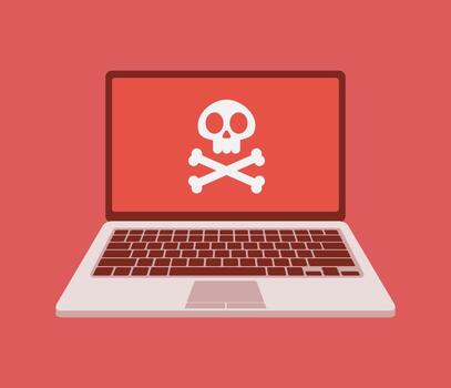 Vector illustration of Laptop system error warning. Virus attention. Hacker attack and web security vector concept, phishing scam. Network and internet security.