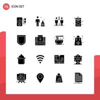 Set of 16 Commercial Solid Glyphs pack for briefcase security patient protection hobbies Editable Vector Design Elements