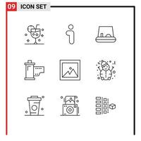 Pictogram Set of 9 Simple Outlines of photo movie interface hollywood devices Editable Vector Design Elements
