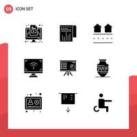 9 Thematic Vector Solid Glyphs and Editable Symbols of tv screen estate multimedia residences Editable Vector Design Elements