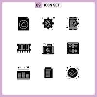 universal icono símbolos grupo de 9 9 moderno sólido glifos de ordenador portátil vídeo negocio En Vivo memoria editable vector diseño elementos