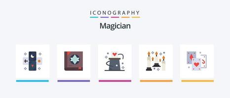 mago plano 5 5 icono paquete incluso tarjeta. fuego. tarjeta. velas truco. creativo íconos diseño vector