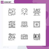 User Interface Pack of 9 Basic Outlines of upload people buildings love family Editable Vector Design Elements