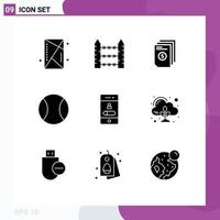 Group of 9 Solid Glyphs Signs and Symbols for tennis ball signaling document money Editable Vector Design Elements