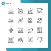 Pack of 16 Modern Outlines Signs and Symbols for Web Print Media such as ecommerce media direction cctv interface Editable Vector Design Elements