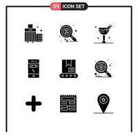 Mobile Interface Solid Glyph Set of 9 Pictograms of construction status cocktail phone battery Editable Vector Design Elements