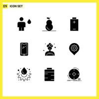 Group of 9 Modern Solid Glyphs Set for care iphone battery android smart phone Editable Vector Design Elements