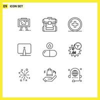 9 User Interface Outline Pack of modern Signs and Symbols of desktop back hiking treatment medical Editable Vector Design Elements