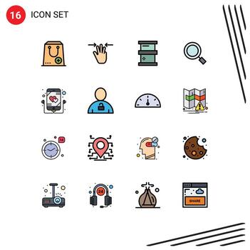 Flat Color Filled Line Pack of 16 Universal Symbols of listen magnify three fingers magnifier hazardous Editable Creative Vector Design Elements