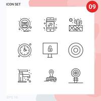 Outline Pack of 9 Universal Symbols of security computer sun watch time Editable Vector Design Elements