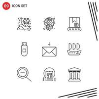 Outline Pack of 9 Universal Symbols of receive mail web data usb Editable Vector Design Elements